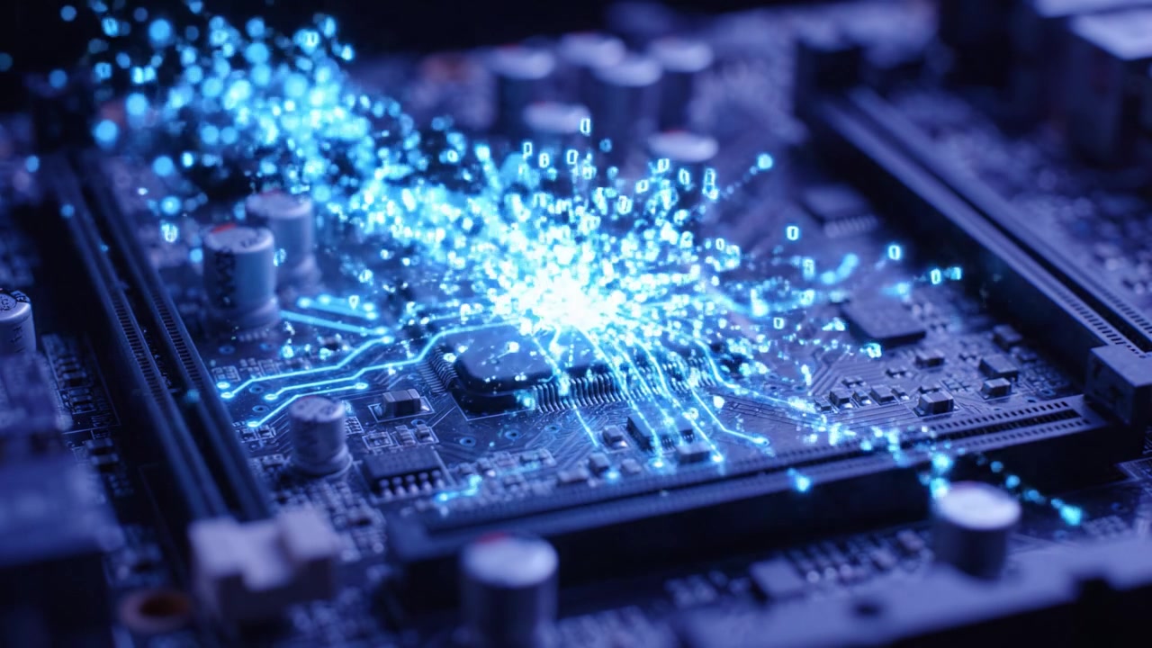 Close-Up of a Computer Processor on a Circuit Board with LED Lights and Digital Effects Representing Data Flow and Technology Advancement