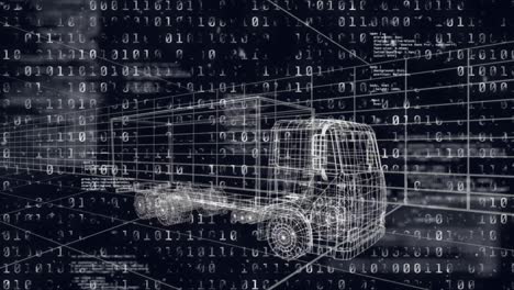 Animation-of-binary-coding-data-processing-over-3d-drawing-of-lorry