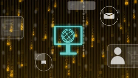 animación de iconos de medios y globo sobre codificación binaria