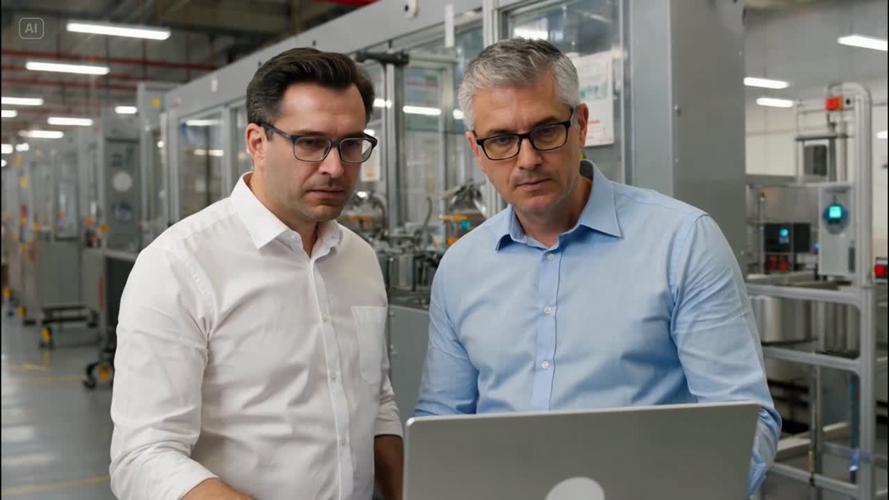 Engineers Analyzing Data on Laptop in Factory