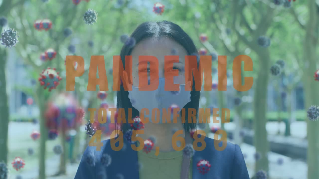 전염병 총 확진 코로나 19의 애니메이션 문자와 숫자 위에 얼굴 마스크를 착용하는 여성