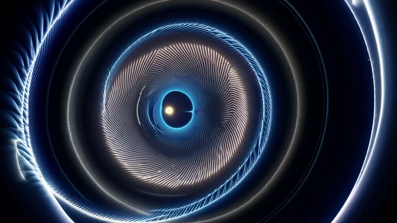 Concentric circles of light and energy create a spiral suggesting time travel, with glowing blue and purple hues adding a futuristic touch to the abstract composition