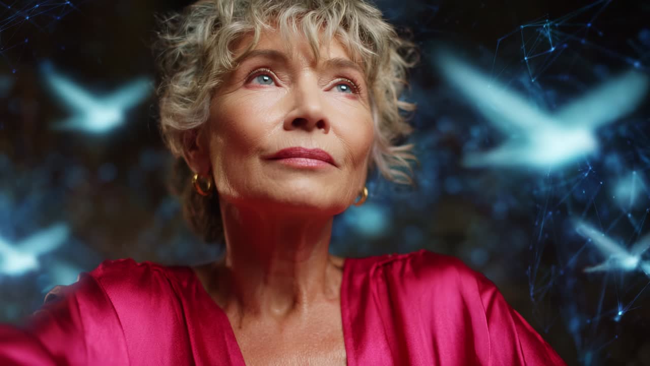 Una donna contemplativa guarda verso l'alto con uno sfondo di luce eterea e uccelli scintillanti, incarnando un senso di speranza e introspezione, catturata in un momento di riflessione serena e bellezza.