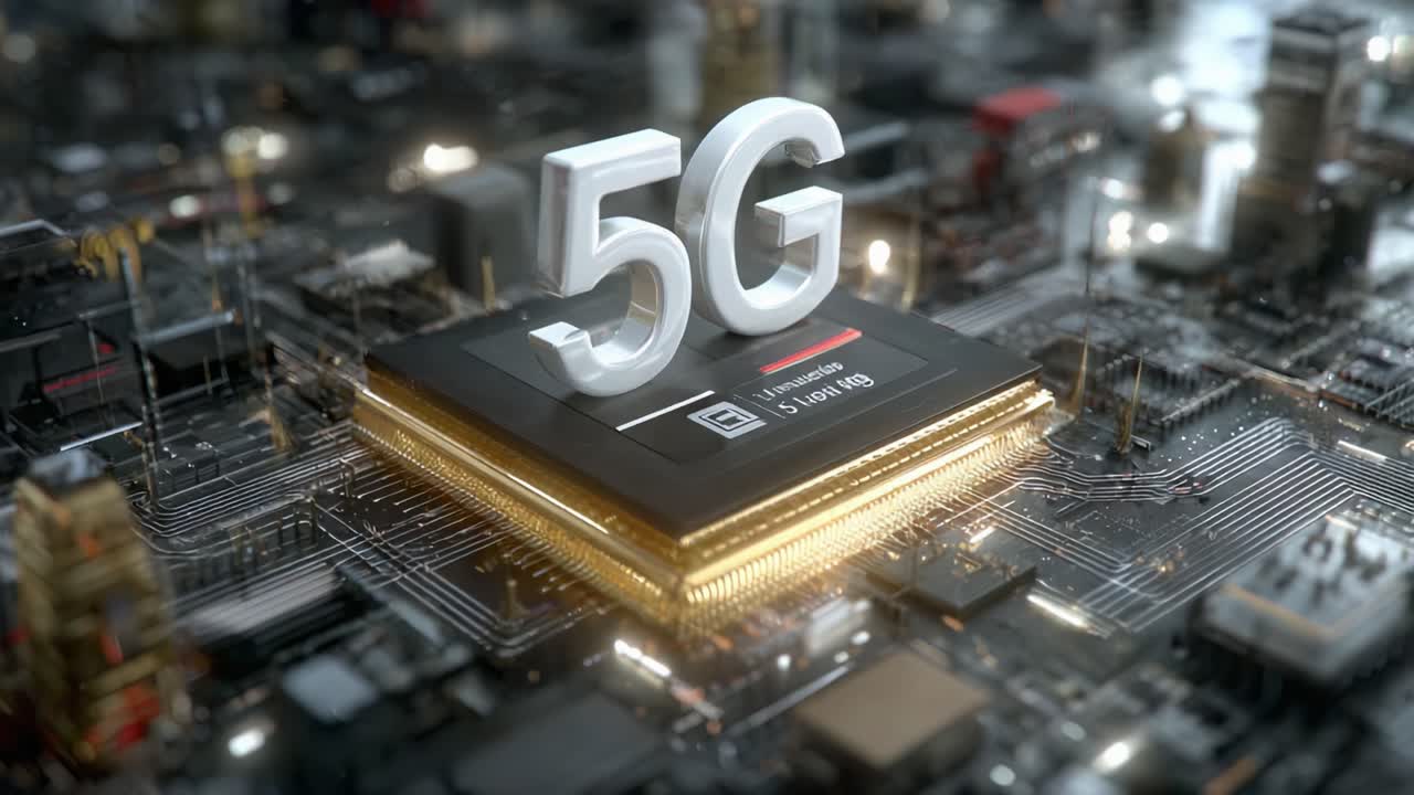 Panoramica di un chip processore 5G all'avanguardia evidenziato su un circuito stampato complesso con tecnologia avanzata e funzionalità di connettività in un ambiente digitale moderno
