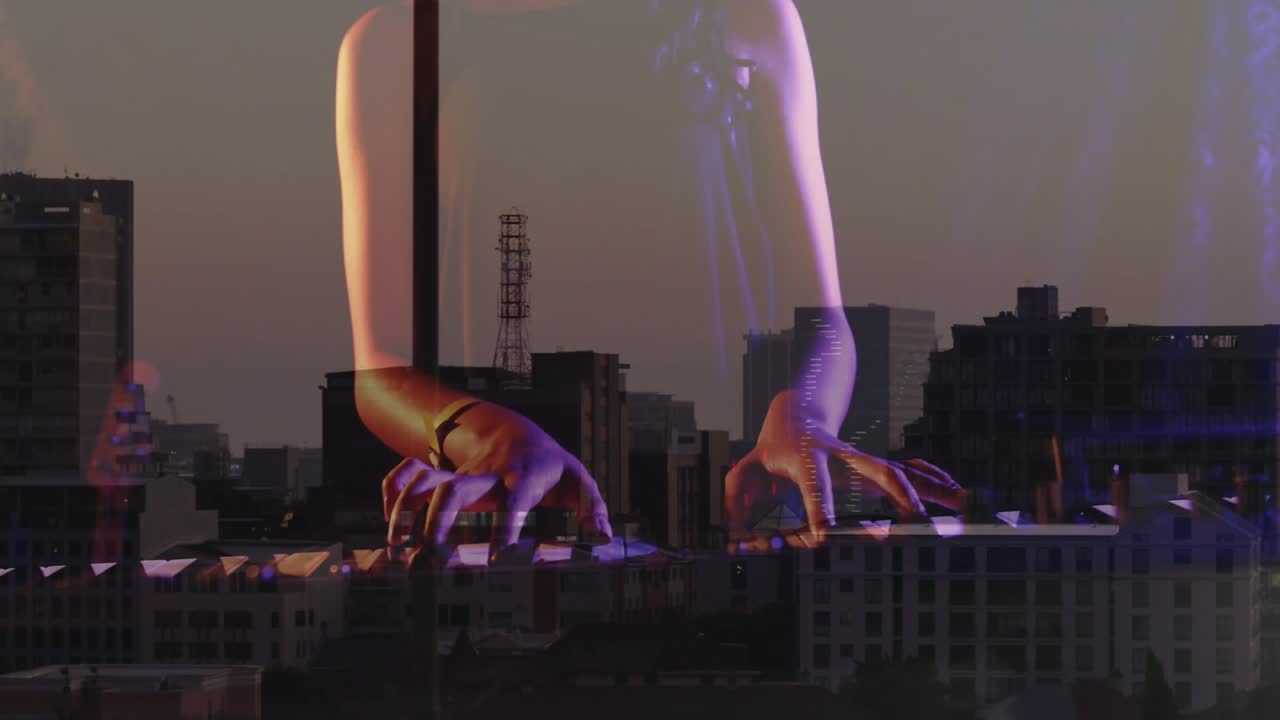 Musician initiating keyboard playing over dusk skyline, blending music with singing expression