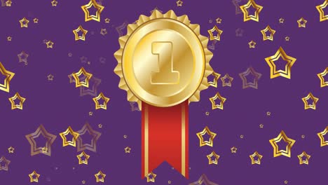 Animation-of-floating-stars-and-golden-medal-on-purple-background