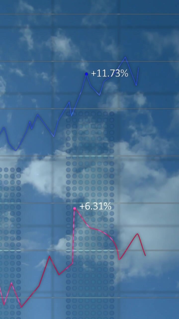 Animation of financial data processing over clouds background