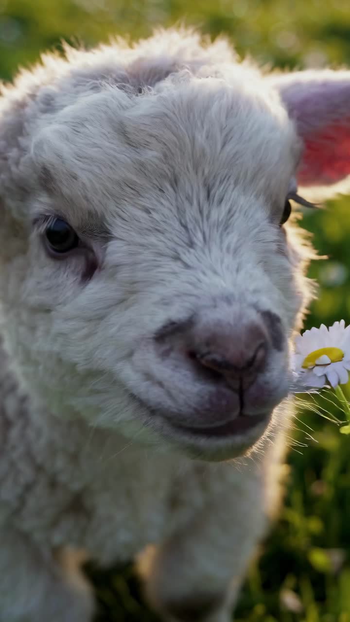 Close-up video still of a fluffy lamb, captured at eye level. The warm lighting highlights its soft