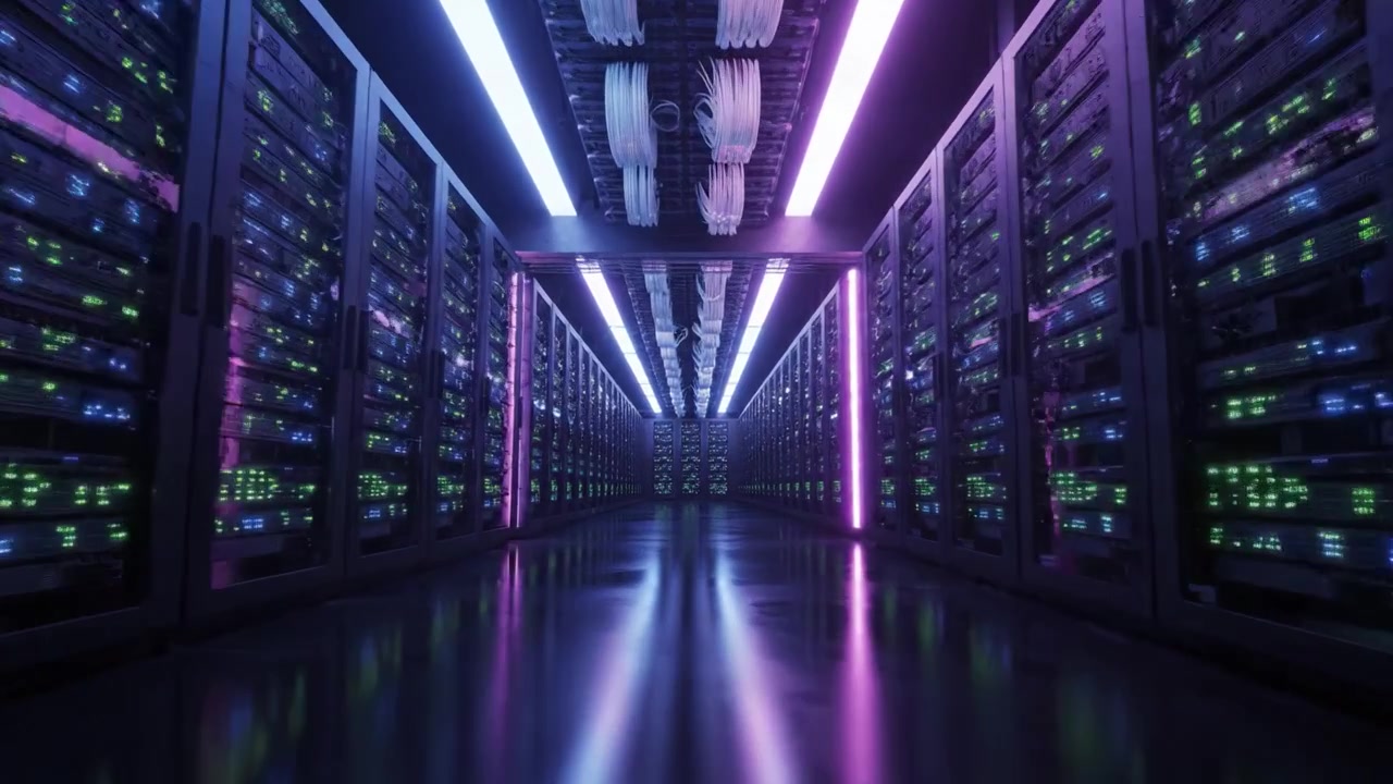 Futuristisk datacenterkorridor med oplyste serverracks og kabler i et moderne teknologimiljø.