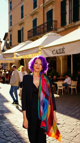 a woman with vibrant purple hair and a colorful scarf enjoying a sunny day on a street