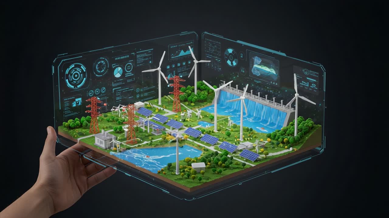 A stunning representation of a futuristic renewable energy landscape showcasing wind turbines, solar panels, and a hydroelectric dam with intricate digital interfaces