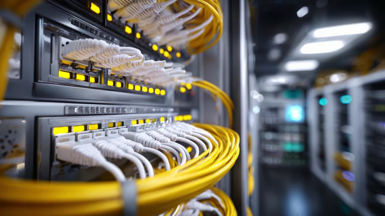 Detailed close-up of network server equipment showcasing well-organized cables and high-tech connections, indicative of modern data center technology infrastructure