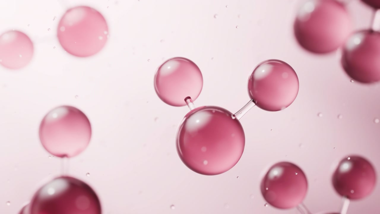 Molecole trasparenti con sfondo rosa, rendering 3D