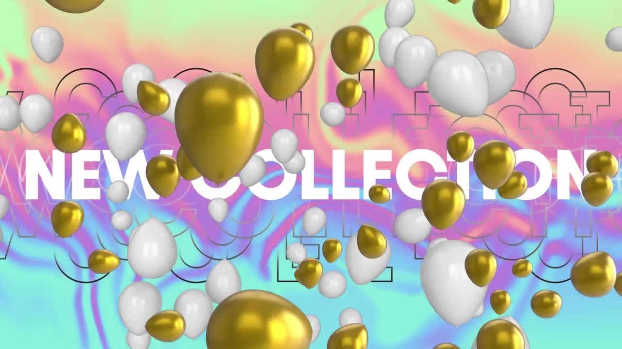 animación de globos dorados y blancos sobre el nuevo banner de texto de la colección en fondo de gradiente