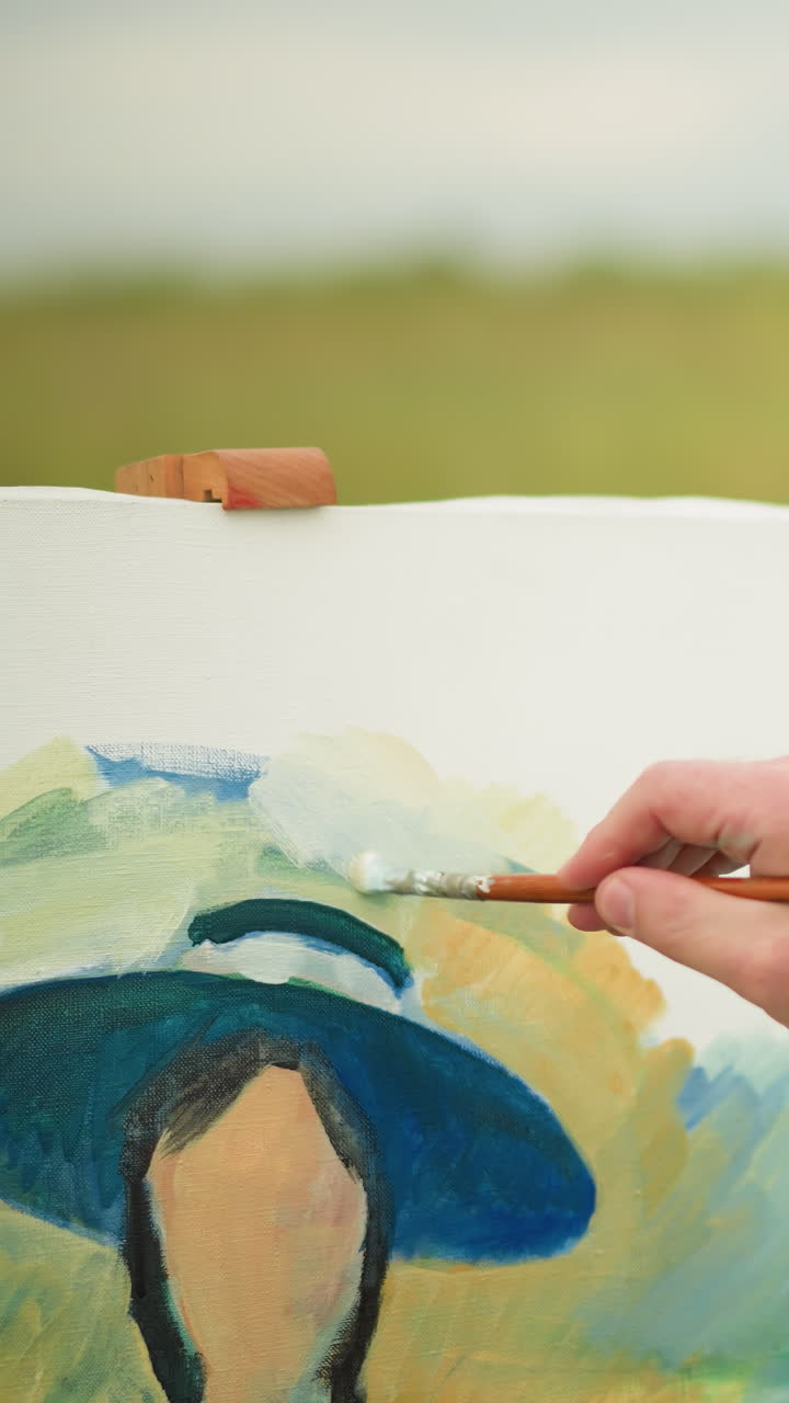 un artesano, parcialmente visible, con una camisa a cuadros, sostiene hábilmente un pincel y una paleta mientras aplica trazos vibrantes a un lienzo. enfoque y técnica a medida que dan vida a la obra de arte