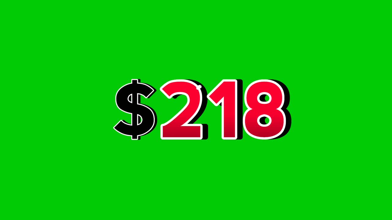 Grafica in movimento numero 218 dollari con effetto fumo e sfondo verde, numeri rosso acceso. Video con effetto 3D e ombre per elementi video, concetto di business