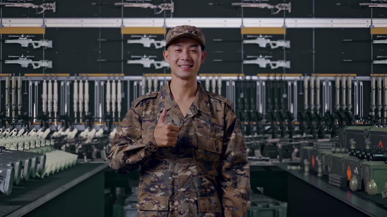 アジア人男性の兵士が、軍の武器庫で笑顔で親指を立てている