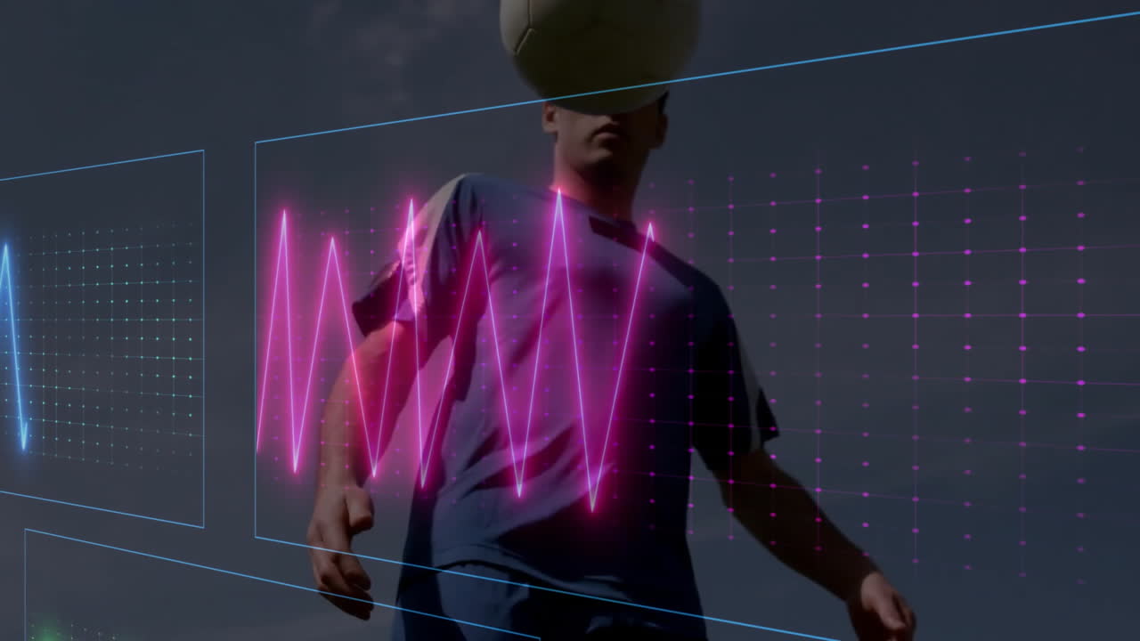 Male athlete balancing soccer ball on forehead showing neon magenta waveform and analytics overlays