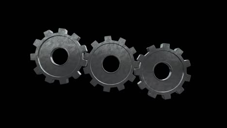 gears spinning flies alone and become one silver gear. black background. alpha channel