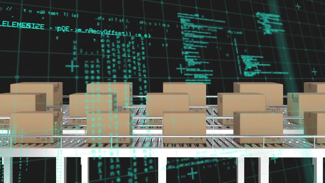 검은 바탕에 카드보드 상자 위에 그리드 패턴과 컴퓨터 언어의 애니메이션