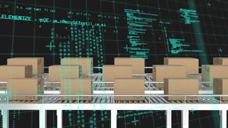 animación del patrón de cuadrícula y el lenguaje informático sobre cajas de cartón contra un fondo negro