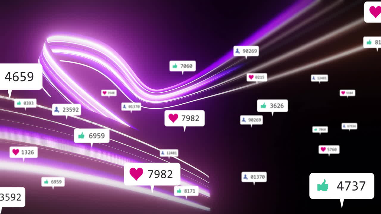 Animated illustration showing purple neon ribbons flowing over backdrop floating social media icons