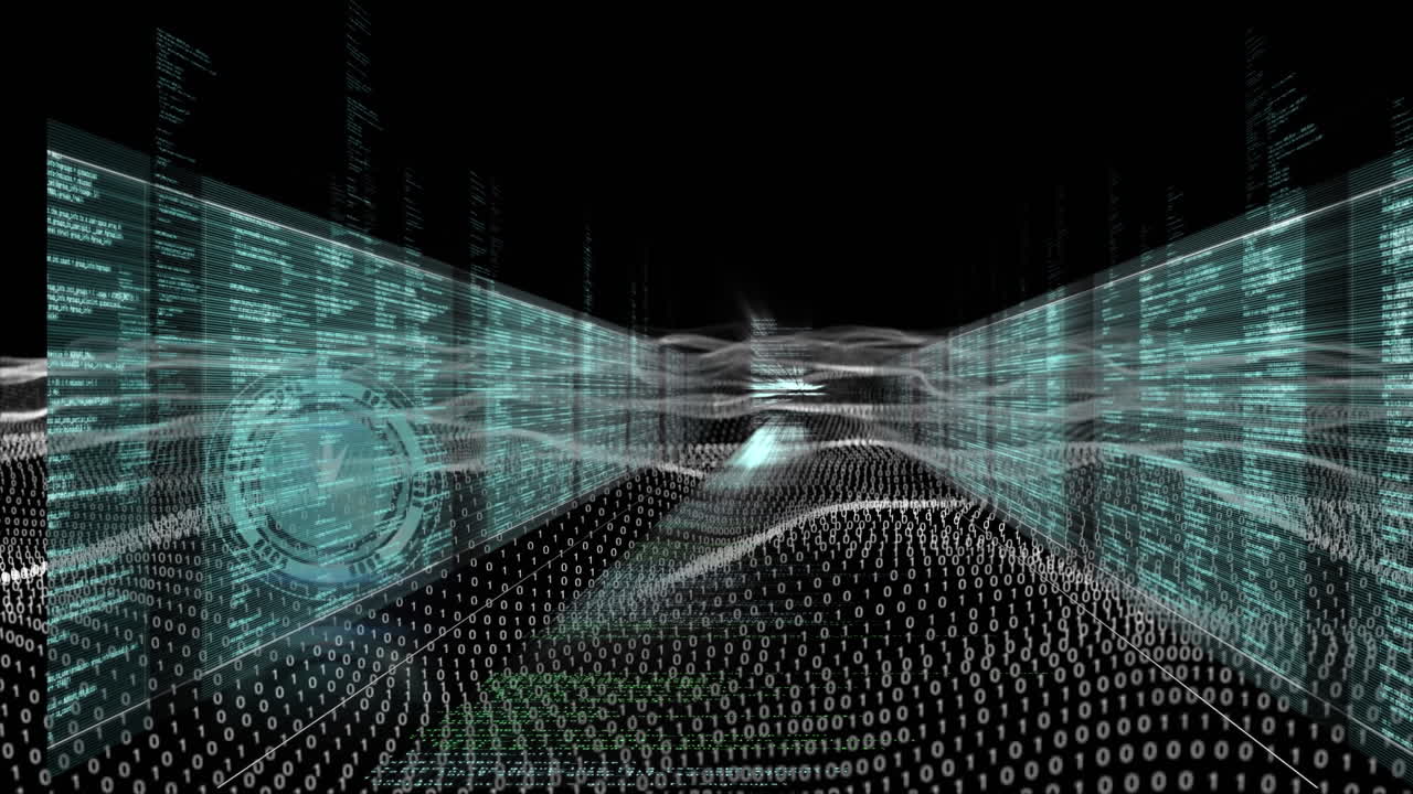 animazione di orologi digitali, codici binari che si muovono in modelli d'onda in mezzo a dati di programmazione in ciclo
