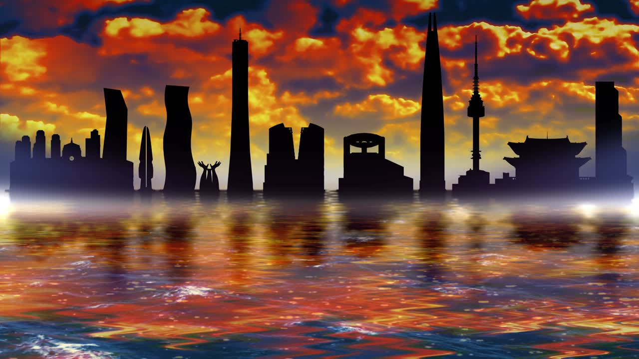 Seoul landmarks panorama. The outlines of buildings are reflected in the water.