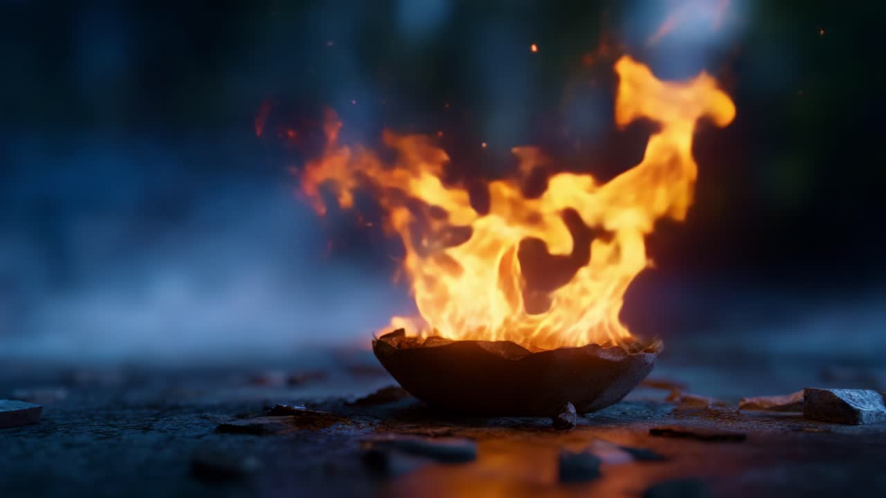 A mesmerizing display of vibrant flames dancing in a rustic bowl, showcasing the beauty and power of fire as it illuminates the surrounding darkness with warmth