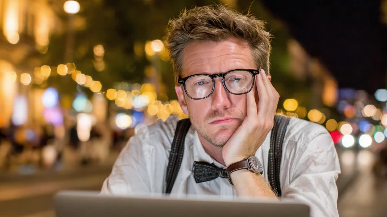 A Frustrated Individual in a Dimly Lit Urban Setting, Expressing Disappointment While Working on a Laptop Amidst Beautiful Nighttime Bokeh Lights