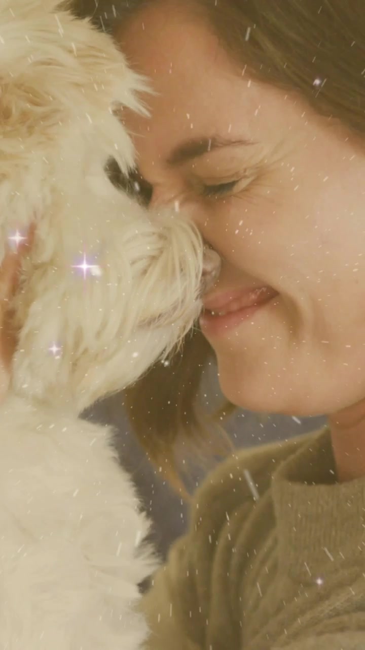 Video verticale: Donna che solleva un cane, coccolandolo a casa, causando bagliori dell'obiettivo e particelle per una pubblicità di animali domestici