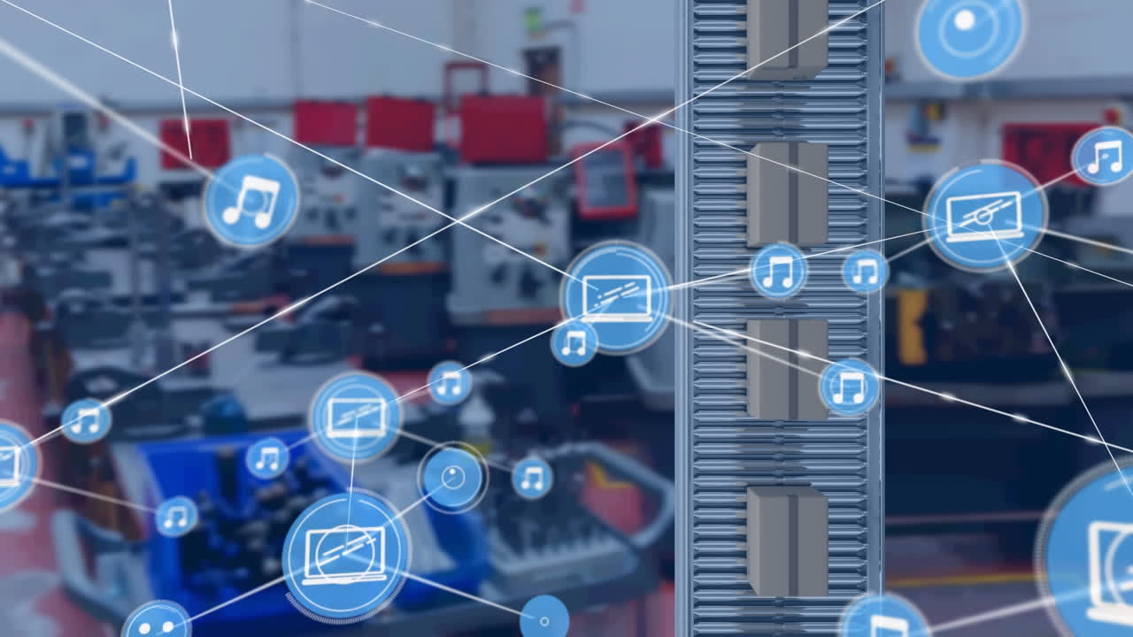 animación de redes de conexiones e iconos sobre cajas en cintas transportadoras en el almacén