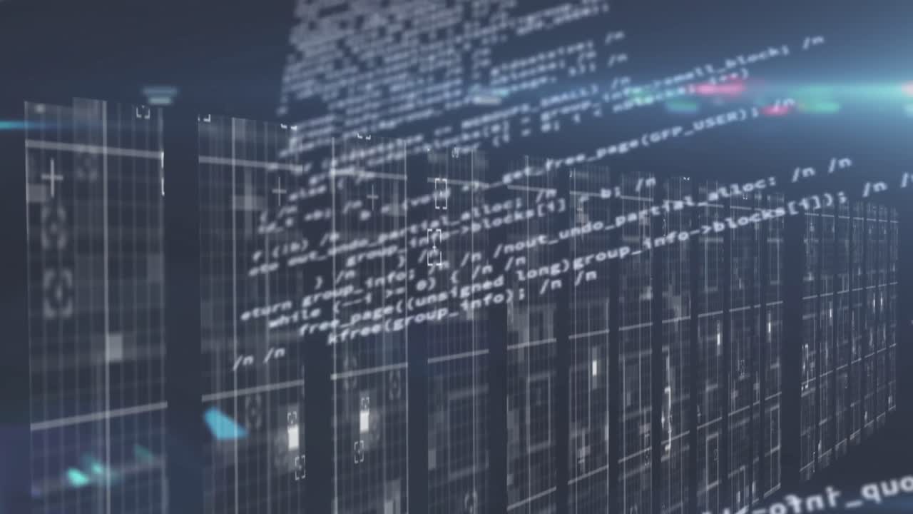 Animation of numbers changing with light trails over tech room with computer servers