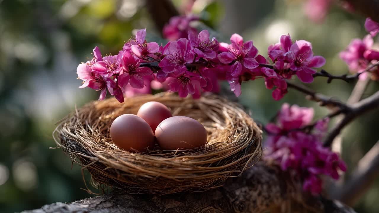 A serene nest cradle containing three brown eggs surrounded by vibrant pink blossoms, capturing the essence of nature's beauty and new beginnings in springtime