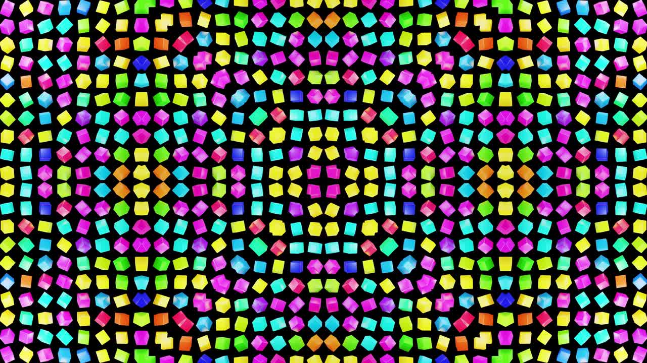 Abstract symmetrical composition, 3d elements light up like bulbs with multicolor neon light. Looped bg for show or events, exhibitions, festivals or concerts, music videos, DJ or VJ for night clubs.