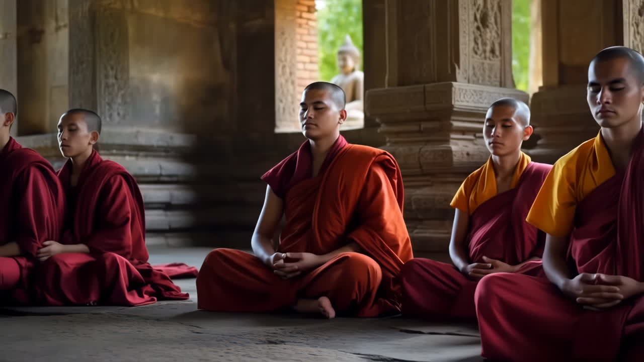 Monks meditating in an ancient temple