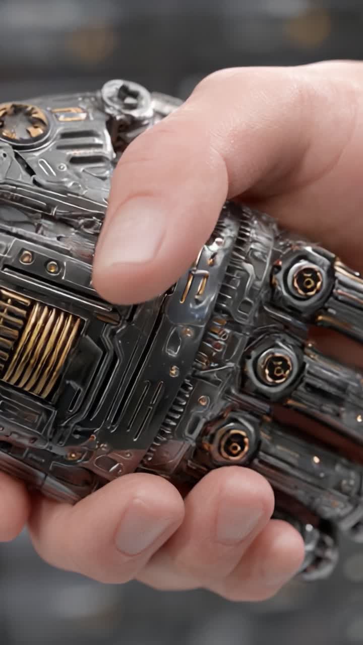 Primo piano di una mano cyborg futuristica che stringe un dispositivo meccanico, mettendo in mostra dettagli intricati e tecnologia avanzata nel design e nella funzionalità