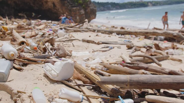 Impatto dei rifiuti di plastica sugli ambienti costieri durante una giornata di sole