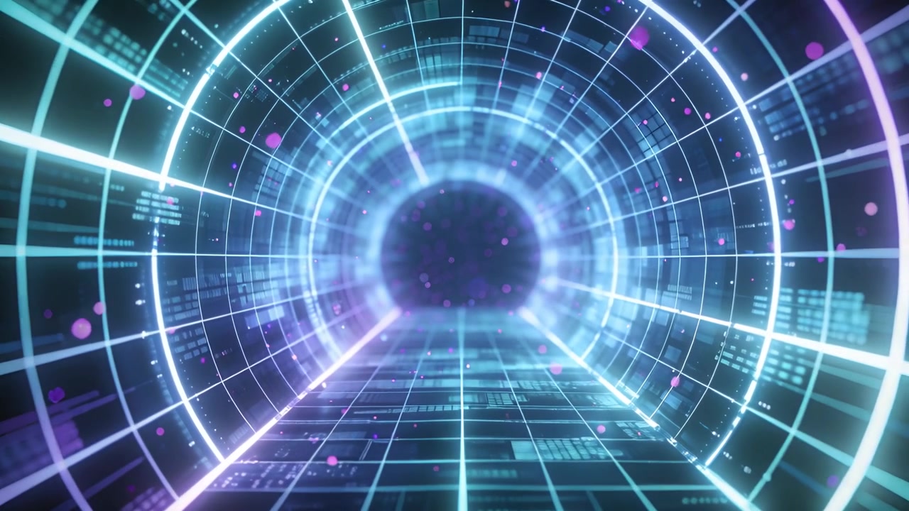 La telecamera inizia a muoversi attraverso un tunnel digitale al neon verso un vuoto oscuro, mostrando particelle magenta.
