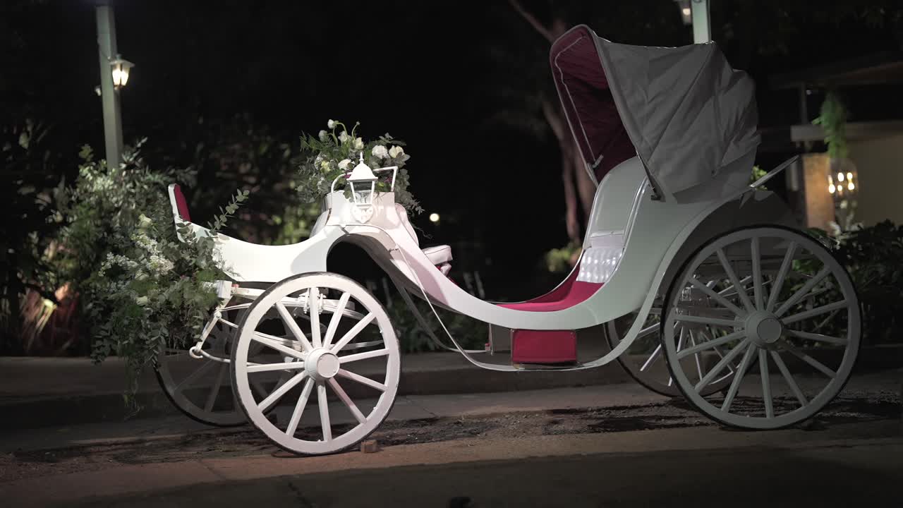 White horse-drawn carriage with red interior and floral decorations is captured in a graceful panning shot at night, creating a romantic and refined atmosphere for weddings or formal celebrations