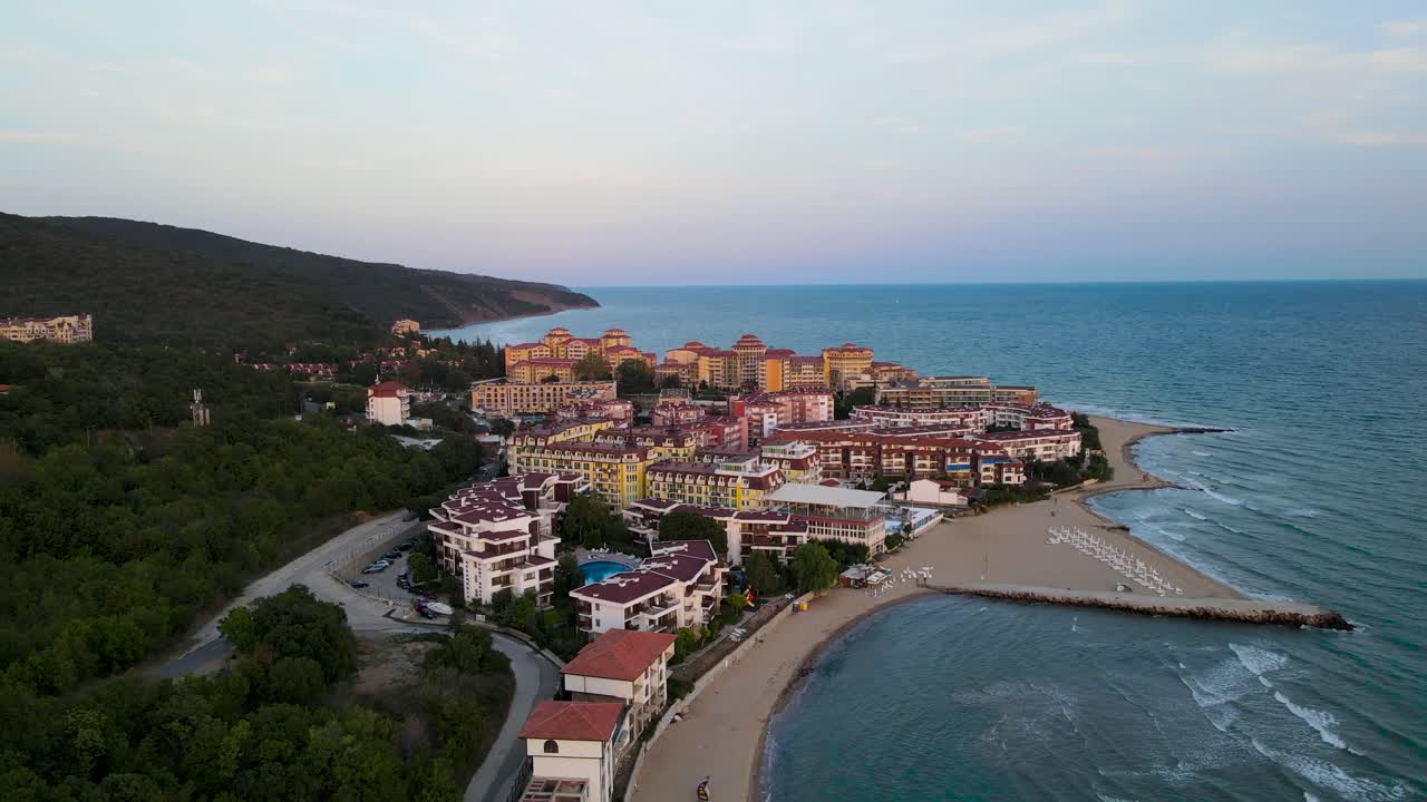 Aerial drone view of the hotel resort Elenite at Robinson Beach on the Bulgarian Black Sea coast