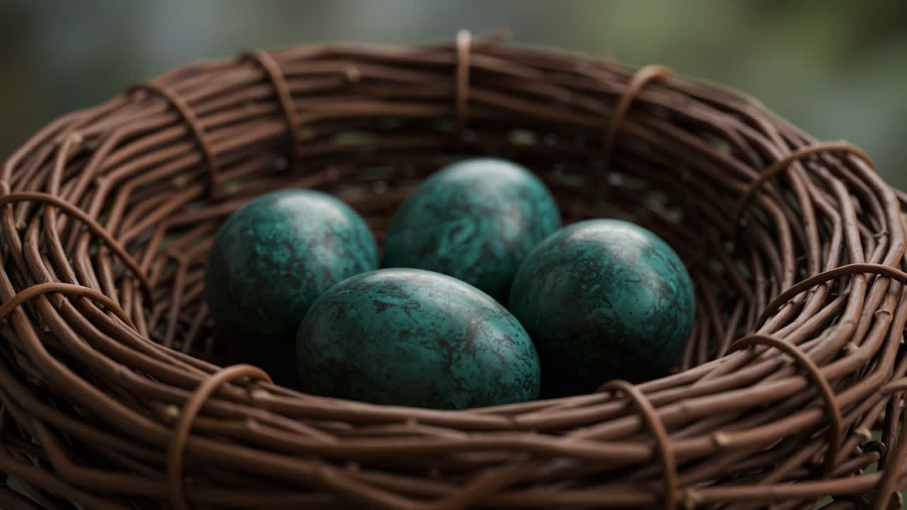 A Close-Up of Beautifully Crafted Dark Green Eggs Nestled in a Natural Twisted Vine Nest, Showcasing Their Intricate Textures and Unique Colors Under Soft Lighting