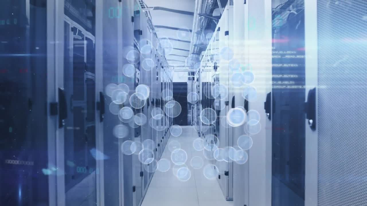 Animation of globe of digital icons and light spot against computer server room
