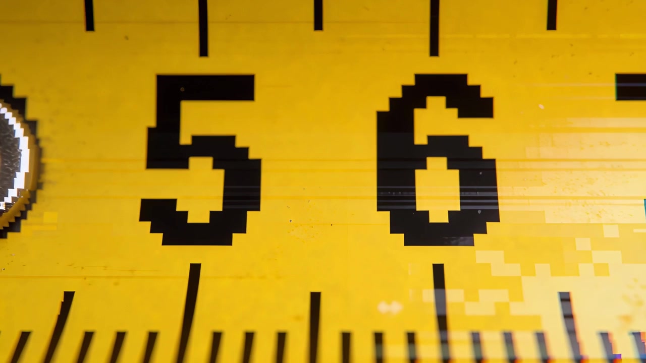 Zooming yellow measuring tape strip, filling frame at studio, revealing rivet, numerals 5 and 6