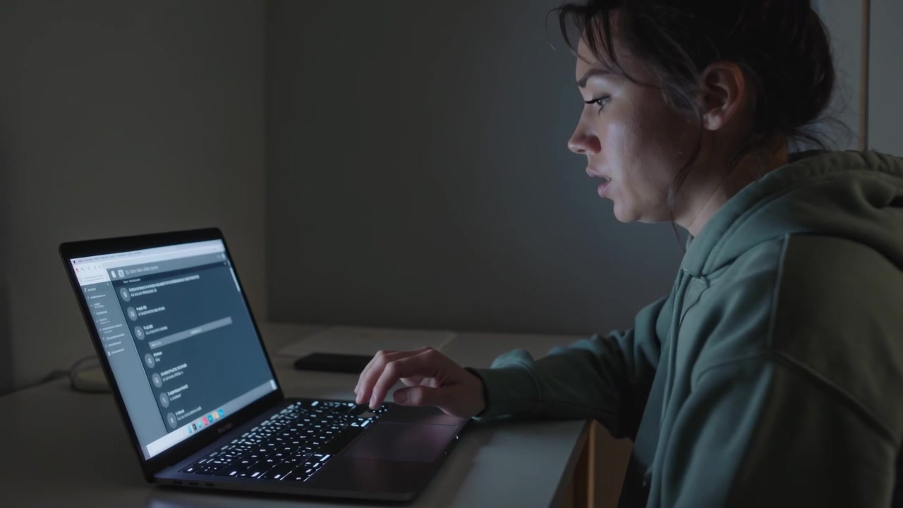 Reading chat alert, woman in hoodie pausing, replying on laptop with phone at desk, copy space