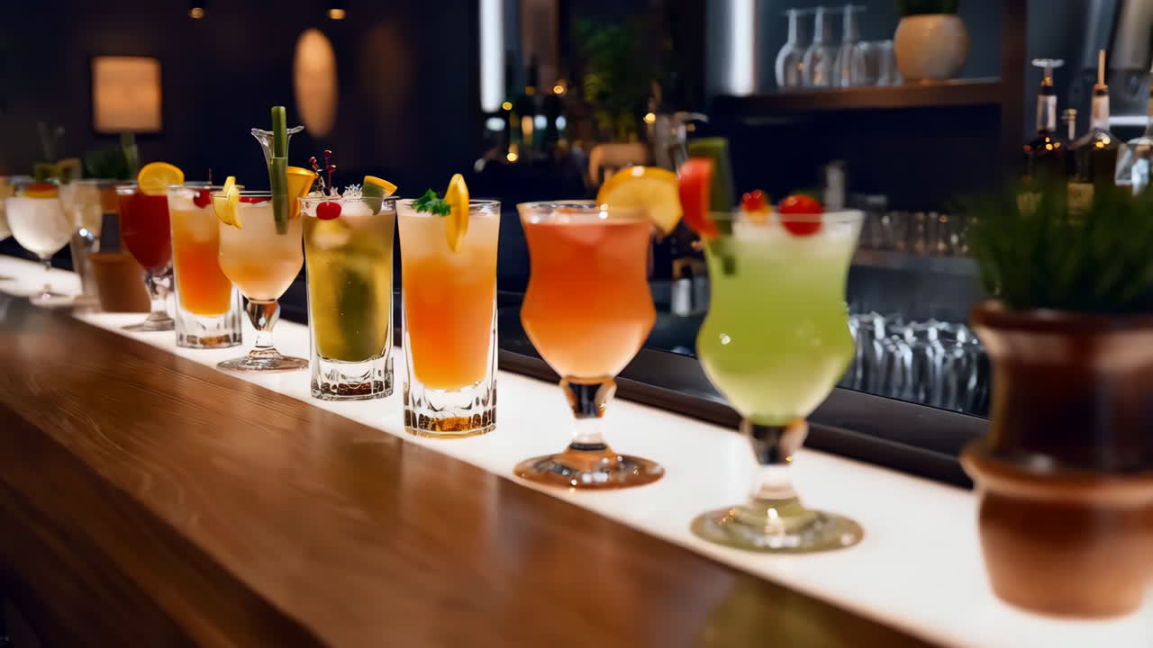 cócteles coloridos en un mostrador de bar