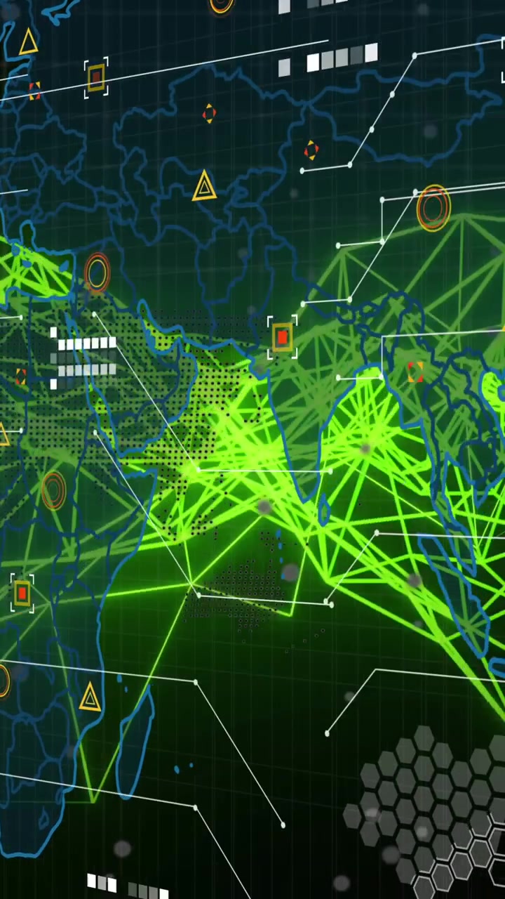 Animation of world map over network of connections on black background