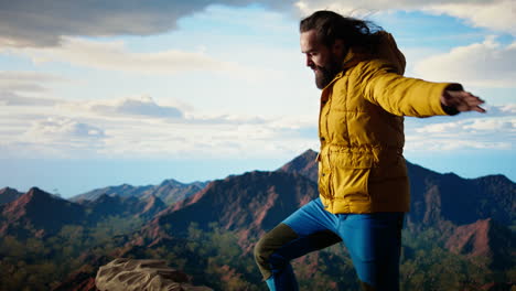 happy adventurer embraces the thrill of standing at the top of the mountain