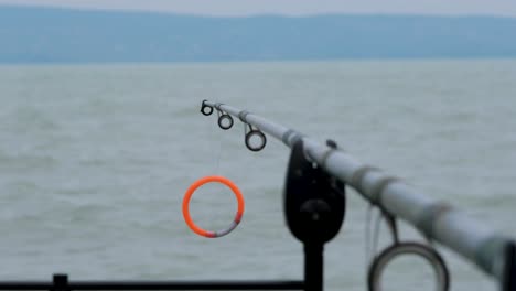 bite indicator on the fishing rod moving at lake in cloudy and windy weather