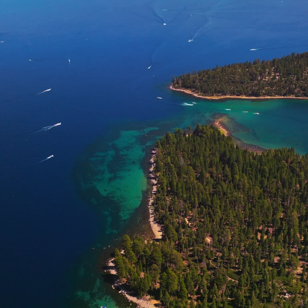Barche a vela sulle incredibili acque blu del Lago Tahoe. Le barche attraversano lo stretto istmo tra due sponde.